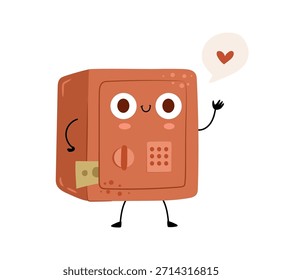 Secured money bills in strongbox. Vector in flat style, cute finance character, password protected safe with financial assets and deposit in bank. Personage waving hand showing love, sticker