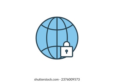 Secured network icon. earth with a padlock. icon related to network security, Warning, notification. suitable for app, user interfaces, etc. Flat line icon style. Simple vector design editable