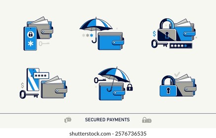 Secured payments vector icons set, electronic wallet e-wallet concept, safe transaction, account privacy, protected money.