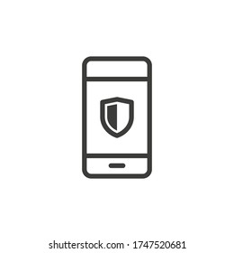 Secured phone icon on white background. Smartphone with shield symbol.