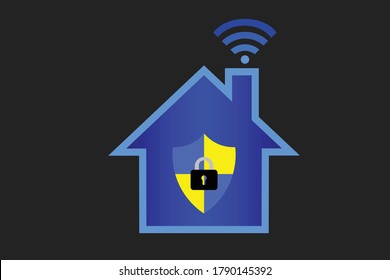 Secured smart house.Shield protection with lock.Dark background.Your smart home is a futuristic marvel, but when cameras,microphones can be hacked to spy on us.So protection is very important.