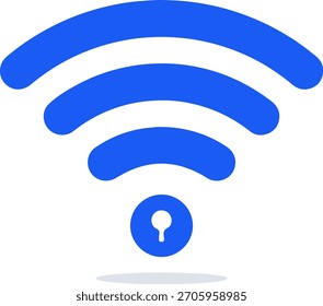 Ícone de sinal de wi-fi seguro, proteção de rede wireless, vetor plano azul fechadura.