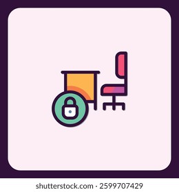 Secured workspace vector icon depicting desk chair and privacy lock