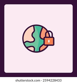 Secured world data protection icon with padlock and globe outline