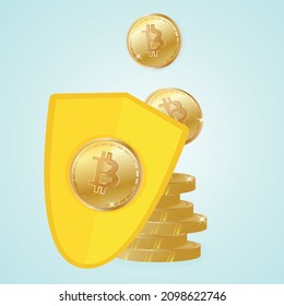 el icono de la moneda de Bitcoin protegida de forma segura está resaltado en un fondo de color. Ilustración plana vectorial de una pila de monedas de criptomoneda de oro y un escudo. Sistema de pago moderno