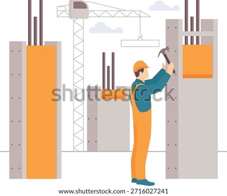 Securing Concrete Columns concept, person using hammer to adjust formwork on concrete vector design, construction workers banner, Skilled labor scene, Civil Engineering Works stock illustration