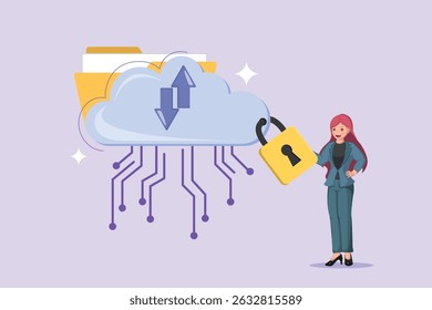 Securing Data in the Cloud: A Businesswoman Presenting a Padlock Protecting Cloud Storage and File Transfers.