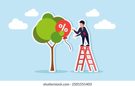 Securing discounts, a discount hunter, price reductions concept of A businessman looking for a discount, represented by a balloon stuck on a tree branch