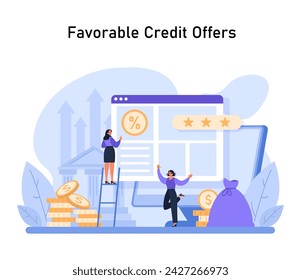 Securing Favorable Credit Deals. An optimistic depiction of obtaining advantageous credit terms, symbolized by a user reviewing offers and financial growth. Flat vector illustration