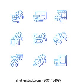 Securing home and business gradient linear vector icons set. Avoid damage. CCTV monitor. Hijacking prevention. Thin line contour symbols bundle. Isolated vector outline illustrations collection