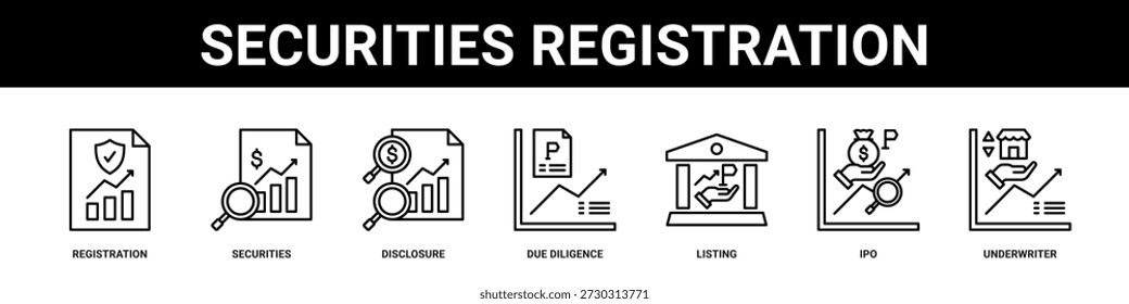 Securities Registration web banner icon set collection solid style.