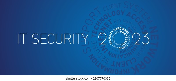 IT Security 2023 New Year abstract circle word cloud text white shining bold light typography blue greeting card banner