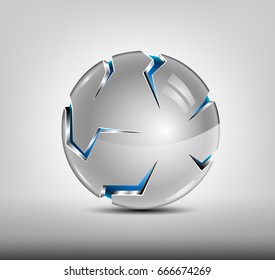 Security abstract 3d logo design. Blue glossy sphere, silver cover with slits. Hi tech badge.