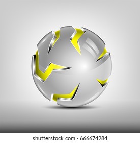 Security abstract 3d logo design. Yellow glossy sphere, silver cover with slits. Hi tech badge.