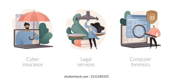 IT Security Abstract Concept Vector Illustration Set. Cyber Insurance, Legal Services, Computer Forensics, Server Data Recovery, Attorney Advice, Cybercrime Risk Data Protection Abstract Metaphor.