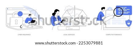 IT security abstract concept vector illustration set. Cyber insurance, legal services, computer forensics, server data recovery, attorney advice, cybercrime risk data protection abstract metaphor.