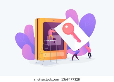 Security access card, access control key, security system with automatic access card concept. Vector isolated concept illustration with tiny people and floral elements. Hero image for website.