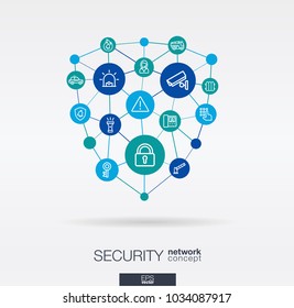 Security, access control integrated thin line web icons in shield shape. Digital network concept. Connected graphic design polygons, circles system. Cctv, protect, safety vector abstract background.