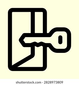 Security Access Key and Door Line Icon. A minimalistic black line icon of a key entering a door or secure folder on a pale yellow background, representing encryption, access, and digital security.