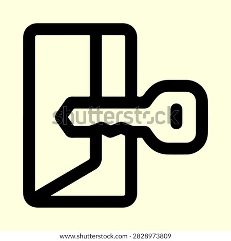 Security Access Key and Door Line Icon. A minimalistic black line icon of a key entering a door or secure folder on a pale yellow background, representing encryption, access, and digital security.