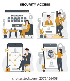 security access methods, including pattern unlock, fingerprint, face ID, and OTP login for enhanced security and convenience
