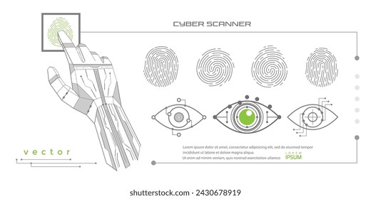 Security access sign.Touch ID icons. Eye scanner. A robot hand scans a fingerprint. Vector illustration .