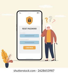 Security access to user account, verification in mobile application. Aged woman forgot her password. Grandmother setting new password in app on phone. Password reset. flat vector illustration