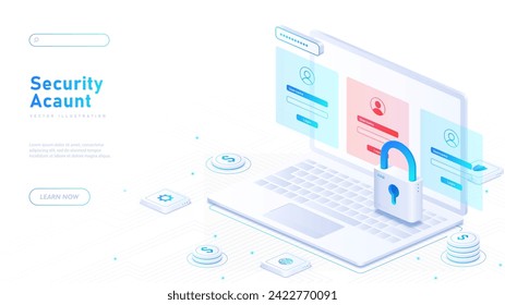 Security account banner. Laptop with padlock. Safety and protection of persoal data. Electronic storage and server. Profile and account at website. Cartoon isometric vector illustration