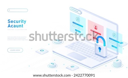 Security account banner. Laptop with padlock. Safety and protection of persoal data. Electronic storage and server. Profile and account at website. Cartoon isometric vector illustration
