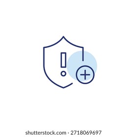 Security add, protection upgrade, safety boost. Insurance shield, exclamation mark and plus. Danger alert. Pixel perfect, editable stroke vector icon