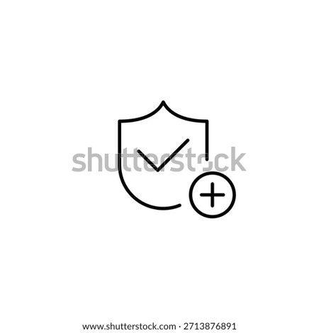 Security add, protection upgrade, safety boost. Insurance shield, checkmark and plus. Danger alert. Pixel perfect, editable stroke vector icon