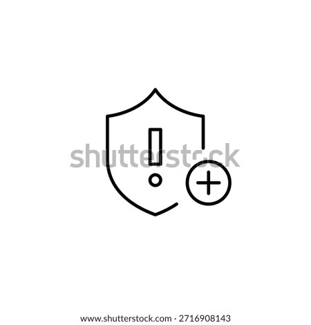 Security add, protection upgrade, safety boost. Insurance shield, exclamation mark and plus. Danger alert. Pixel perfect, editable stroke vector icon