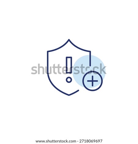 Security add, protection upgrade, safety boost. Insurance shield, exclamation mark and plus. Danger alert. Pixel perfect, editable stroke vector icon