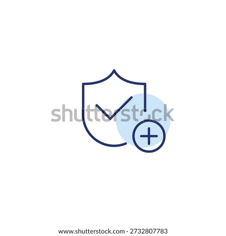 Security add, protection upgrade, safety boost. Insurance shield, checkmark and plus. Danger alert. Pixel perfect, editable stroke vector icon