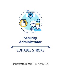Icono de concepto de administrador de seguridad. Ilustración delgada de la idea de la carrera de ciberseguridad. Solución de problemas de soluciones de seguridad de la organización. Dibujo de color RGB con contorno aislado del vector. Trazo editable