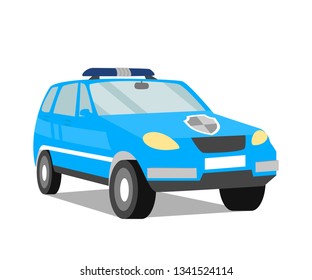 Security Agency Auto Flat Vector Illustration. Safeguarding Company Vehicle. Cartoon Police Service Vehicle. Corporate Transport with Emblem. Blue Service Jeep Isolated Design Element