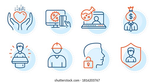 Security agency, Brand ambassador and Hold heart signs. Engineer, Manager and Online chemistry line icons set. Online shopping, Unlock system symbols. Worker profile, Work profit. People set. Vector