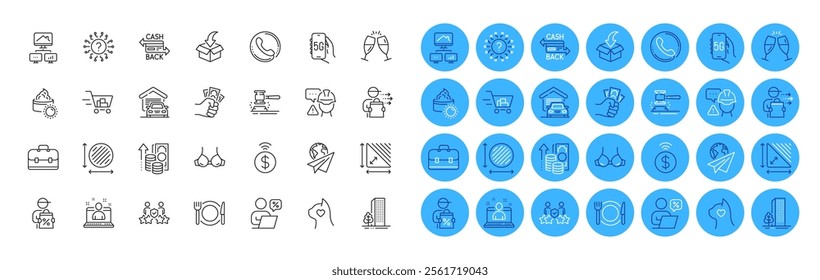 Security agency, Circle area and Inflation line icons pack. Online discounts, Moving service, Best manager web icon. Sun cream, Cashback card, Food delivery pictogram. Question mark, Bra. Vector