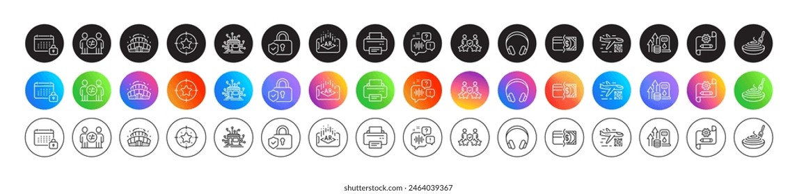 Security agency, Discrimination and Cogwheel blueprint line icons. Round icon gradient buttons. Pack of Qr code, Arena stadium, Distribution icon. Vector
