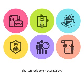 Security agency, Elevator and Skin care icons simple set. Search people, Vacancy and Manual doc signs. People protection, Lift. People set. Flat security agency icon. Circle button. Vector
