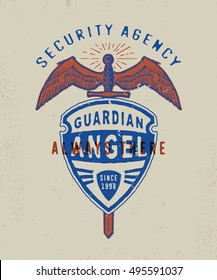  SECURITY AGENCY GUARDING ANGEL. Handmade winged sword and shield. Design fashion apparel print. T shirt graphic vintage grunge vector illustration crests and heraldry badge label logo template.