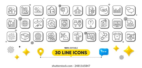 Agencia de seguridad, documentos de la entrevista y paquete de iconos de la línea de cuidado de la piel. Elementos de diseño 3d. Caja de la oficina, código Qr, Icono de Web de los cables de la computadora. Trabajo en casa, presupuesto, pictograma de medalla de seguro. Vector