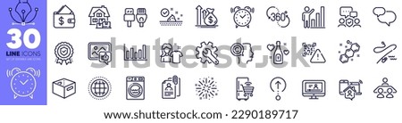 Security agency, Interview documents and Skin care line icons pack. Office box, Qr code, Computer cables web icon. Work home, Budget, Insurance medal pictogram. Chemical formula. Vector Foto d'archivio © 