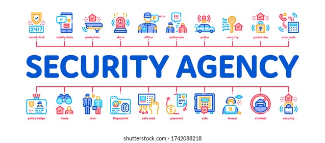 Security Agency Property Protect Minimal Infographic Web Banner Vector. Security Agency Service Video Monitoring Cctv And Car With Alarm Signal, Safe And Badge Illustration