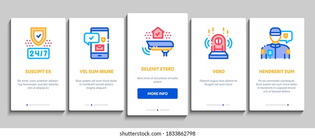 Security Agency Property Protect Onboarding Mobile App Page Screen Vector. Security Agency Service Video Monitoring Cctv And Car With Alarm Signal, Safe And Badge Color Illustrations