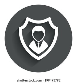 Security agency sign icon. Shield protection symbol. Circle flat button with shadow. Modern UI website navigation. Vector