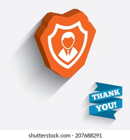 Security agency sign icon. Shield protection symbol. White icon on orange 3D piece of wall. Carved in stone with long flat shadow. Vector