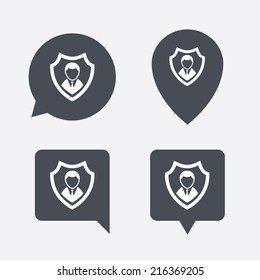 Security agency sign icon. Shield protection symbol. Map pointers information buttons. Speech bubbles with icons. Vector