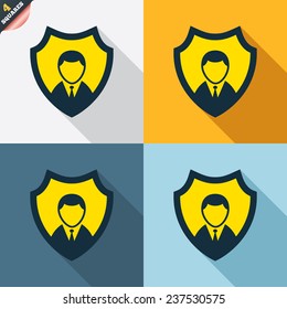 Security agency sign icon. Shield protection symbol. Four squares. Colored Flat design buttons. Vector