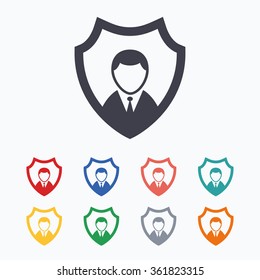 Security agency sign icon. Shield protection symbol. Colored flat icons on white background.